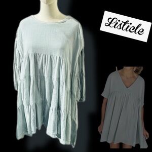 Listicle Sage Green Tiered Babydoll Tunic Dress Top, Oversized Boho CottageCore